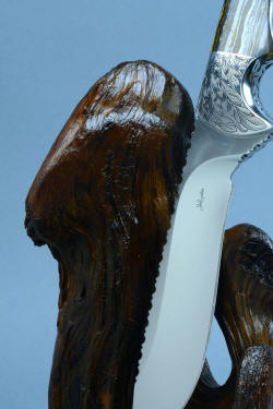 "Golden Eagle" fine handmade custom knife and stand, maker's mark on hollow ground, mirror polished blade