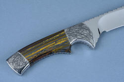 "Golden Eagle" reverse side gemstone knife handle detail. Fine engraving on 304 stainless steel bolsters is permanent and requires zero care an absolutlely no chance of corrosion, ever.