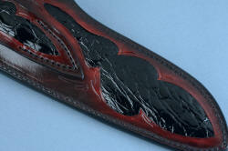 "Golden Eagle" custom knife, sheath back view. Sheath is fully carved for inlay, hand-dyed leather shoulder, stitched with polyester, lacqured and sealed
