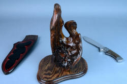 "Golden Eagle" custom handmade knife, sheath, and stand, stand detail. Pine burl is weathered with striking curves, form, and texture