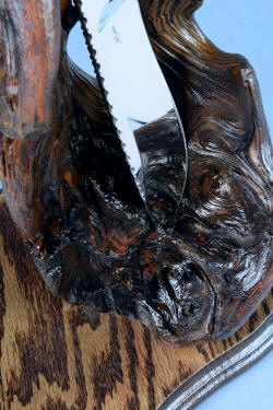 "Golden Eagle" blade in stand detail. Reflective mirror polish of the high alloy steel blade contrasts with the irregular natural eroded surface of the burl