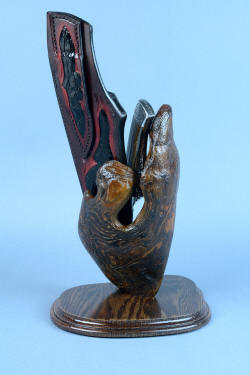 "Golden Eagle" custom knife with burl wood stand base holding knife and sheath 