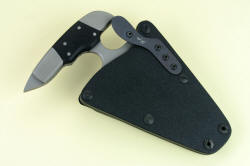"Guardian" Custom Counterterrorism Tactical Combat Push/Punch dagger, sheathed view. Tension-lock sheath secures knife in waterproof, highly durable and dependable sheath with finger or heavy pull release
