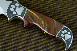 "Hooded Warrior" obverse side handle detail in hard, durable Australian Tiger Iron gemstone handle
