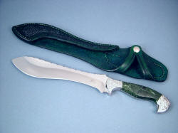 "Ishi" fine handmade custom knife, obverse side view. Curvature of blade is reminscent of a khukri or a deep belly skinner, very large and sweeping.