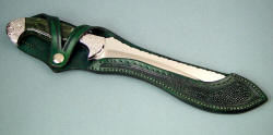 "Ishi" sheathed view. This sheath is one of my display sheaths that progects the point and cutting edge while displaying the rest of the knife securely.
