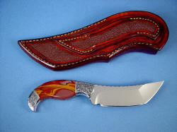"Izanagi" tanto, reverse side view, handmade fine knife. Note full panel inlays on rear of sheath, striking Jasper gemstone handle