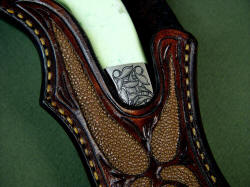 Izanami, sheath detail, front view. Note marquee window displaying handle and bolster embellishment, hand-stitching and rayskin inlays.