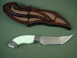 Izanami handmade knife- reverse side view. Note rayskin inlays on back of sheath and belt loop.