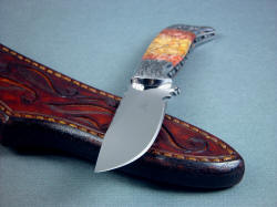 "Izar" custom handmade knife, point detail. The drop point is a stout, easy to sheath, and durable point geometry; this one is cleanly and thinly ground