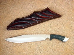 "Jungle Bowie" 440C high chromium stainless tool steel blade, 304 stainless steel bolsters, Indian Green Moss Agate gemstone handle, ostrich leg skin inlaid in leather sheath