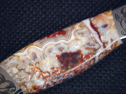 "Kotori" reverse side gemstone handle detail. Carnival crazy lace agate is unique; every piece is a fascinating geological creation