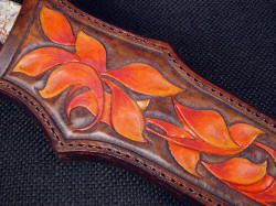 "Kotori" sheath detail. 9-10 oz. thick leather shoulder is hardened, hand-carved, hand-tooled and meticulously hand-dyed for a permanent, beautiful texture and appearance