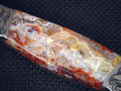 "Kotori" obverse side gemstone handle scale detail. The agate is very hard, tough and solid, with fascinating banding patterns, crysals and inclusions