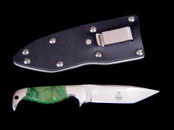 USAF Pararescue "Last Chance" tanto, reverse side view. Note photographic resolution etched stainless steel blade, nickel plated steel belt/boot clip for versatile wear options