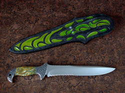 "Macha Navigator EL" reverse side view. Knife is large and bold, sheath is completely hand-tooled, carved and hand-dyed throughout, even on the back and belt loop