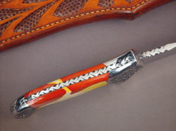 "Macha Navigator" spine edgework, filework detail. Note heavy spine of 1/4" thick ATS-34 stock, nice book matching of gemstone handle scales