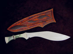 "Maginus-Nasmyth" khukri, reverse side view. Note double stitching in sheath even in belt loop for additional security and strength