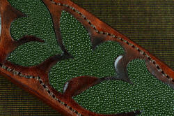 "Menkar" sheath front detail view. Green rayskin is tough, hard, interlocking bone inlaid in hand-carved leather shoulder