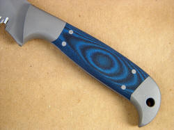 "PJLT" CSAR knife, handle view. G10 is very tough and durable, reinforced with fiberglass and epoxy.