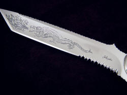 "PJLT Dragon" obverse side engraving detail. Blade is bright satin finish with hand-engraved original artwork