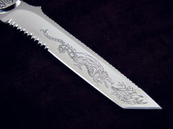 "PJLT Dragon" reverse side blade detail. 440C is difficult and challenging to hand engrave