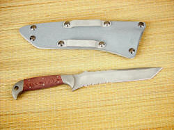 "PJLT" Tactical CSAR knife, reverse side view. note deep hollow grind and reversible belt loops on gray kydex sheath