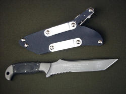 "PJST" tactical CSAR knife, reverse side view. Belt loops are die formed high strength aluminum, and can be moved from high to lower position as well as reverse sides for a variety of wear options