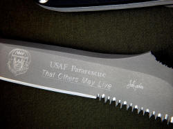 "PJST" obverse side blade engraving detail. It is an honor to make knives for our nation's top military rescue service, United States Air Force Pararescue