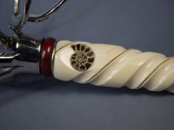 "Pacifica" fossilized pyratized ammonite inlaid in ivory handle, fluted and wrapped with 24kt gold twist wire