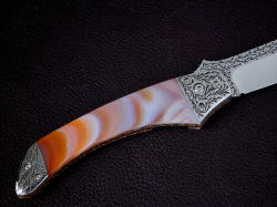 "Procyon" reverse side handle detail. The Brazilian Agate gemstone shows the geodic banding, and is an extremely hard, glassy, and tough polished gem that will outlast all of the metal of the knife with little or no care