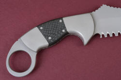 "Raijin" reverse side handle detail. All surfaces are rounded, chamfered, smoothed for even, comfortable grip. Large forfinger quillon protects hand from blade, finger ring gives ultimate security.