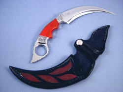 "Raptor" kerambit (Manicouagan) obverse side view in 440C high chromium stainless steel blade, hand-engraved 304 stainless steel bolsters, Jasper gemstone handle, red stingray skin inlaid in hand-carved leather sheath