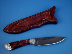 "Rio Grande" custom knife, reverse side view. Sheath is stamped, tooled front and back. Knife form is traditional and clean