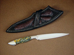 "Santa Fe" reverse side view. Elegant knife has handsome crossdraw belt loop style sheath inlaid with lizard skin