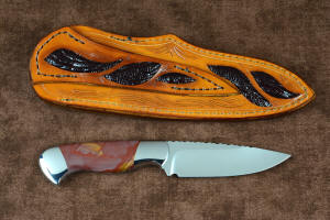 "Secora" reverse side view in T3 deep cryogenically treated 440C high chromium martensitic stainless steel blade, 304 stainless steel bolsters, Mookaite Jasper gemstone handle, hand-carved leather sheath inlaid with burgundy ostrich leg skin