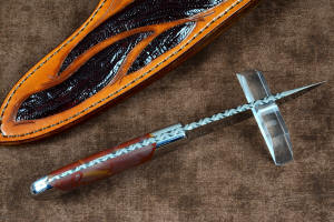 "Secora" spine view, edgwork, filework detail  in T3 deep cryogenically treated 440C high chromium martensitic stainless steel blade, 304 stainless steel bolsters, Mookaite Jasper gemstone handle, hand-carved leather sheath inlaid with burgundy ostrich leg skin