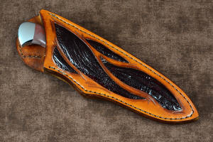 "Secora" sheathed view in T3 deep cryogenically treated 440C high chromium martensitic stainless steel blade, 304 stainless steel bolsters, Mookaite Jasper gemstone handle, hand-carved leather sheath inlaid with burgundy ostrich leg skin