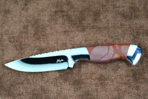 "Secora" maker's mark detail in T3 deep cryogenically treated 440C high chromium martensitic stainless steel blade, 304 stainless steel bolsters, Mookaite Jasper gemstone handle, hand-carved leather sheath inlaid with burgundy ostrich leg skin