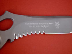 "Shahaz" custom diamond stylus engraving on blade hollow grind is bold and deep, with lion and text