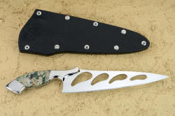 "Sirona" chef's knife, reverse side view. Blade is ultra-hard for high wear resistance and minimal sharpening for deeply milled blade and high longevity