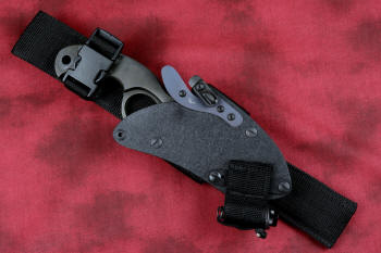 "Skeg"  tactical, counterterrorism, crossover knife, UBLX, LIMA mounted view in ATS-34 high molybdenum martensitic stainless steel blade, 304 stainless steel bolsters, black and gray G10 fiberglass/epoxy composite handle, hybrid tension tab-locking sheath in kydex, anodized aluminum, black oxide stainless steel and anodized titanium