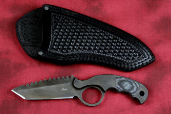 "Skeg"  tactical, counterterrorism, crossover knife, obverse side view in ATS-34 high molybdenum martensitic stainless steel blade, 304 stainless steel bolsters, black and gray G10 fiberglass/epoxy composite handle, hand tooled leather sheath in black basketweave