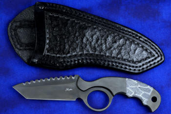 "Skeg"  tactical, counterterrorism, crossover knife, obverse side view in T4 Cryogenically treated ATS-34 high molybdenum martensitic stainless steel blade, 304 stainless steel bolsters, white and black tortoiseshell pattern G10 fiberglass/epoxy composite handle, leather sheath with nylon stitching and stainless steel fasteners