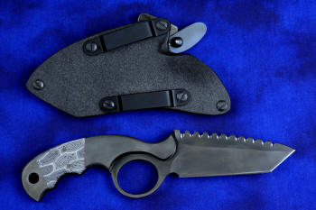 "Skeg"  tactical, counterterrorism, crossover knife, reverse side view in T4 Cryogenically treated ATS-34 high molybdenum martensitic stainless steel blade, 304 stainless steel bolsters, white and black tortoiseshell pattern G10 fiberglass/epoxy composite handle, hybrid tension tab-locking sheath in kydex, anodized aluminum, black oxide stainless steel and anodized titanium
