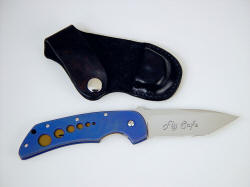 "Stratos" liner lock folding knife, reverse side view, custom etching on blade, knife for F16 pilot