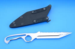 "Synan" counterterrorism combat tactical dive knife, reverse side view with sheath shown with flat strap clamps, vertical wear position. These anodized aluminum straps clamp rigidly to the belt or PALS or body armor or gear