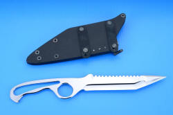"Synan" counterterrorism combat tactical dive knife, reverse side view with sheath shown with flat strap clamps, horizontal wear position. These anodized aluminum straps clamp rigidly to the belt or PALS or body armor or gear