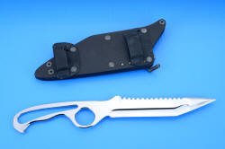 "Synan" counterterrorism combat tactical dive knife, reverse side view with sheath shown with horizontal belt loop adapter plates. These plates are welded and anodized for durable security, allow knife to slide along .250" x 1.5" belt 