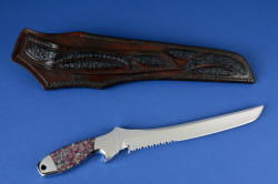 "Taibhse" reverse side view. Sheath has multiple inlays of black Emu skin in hand-carved leather